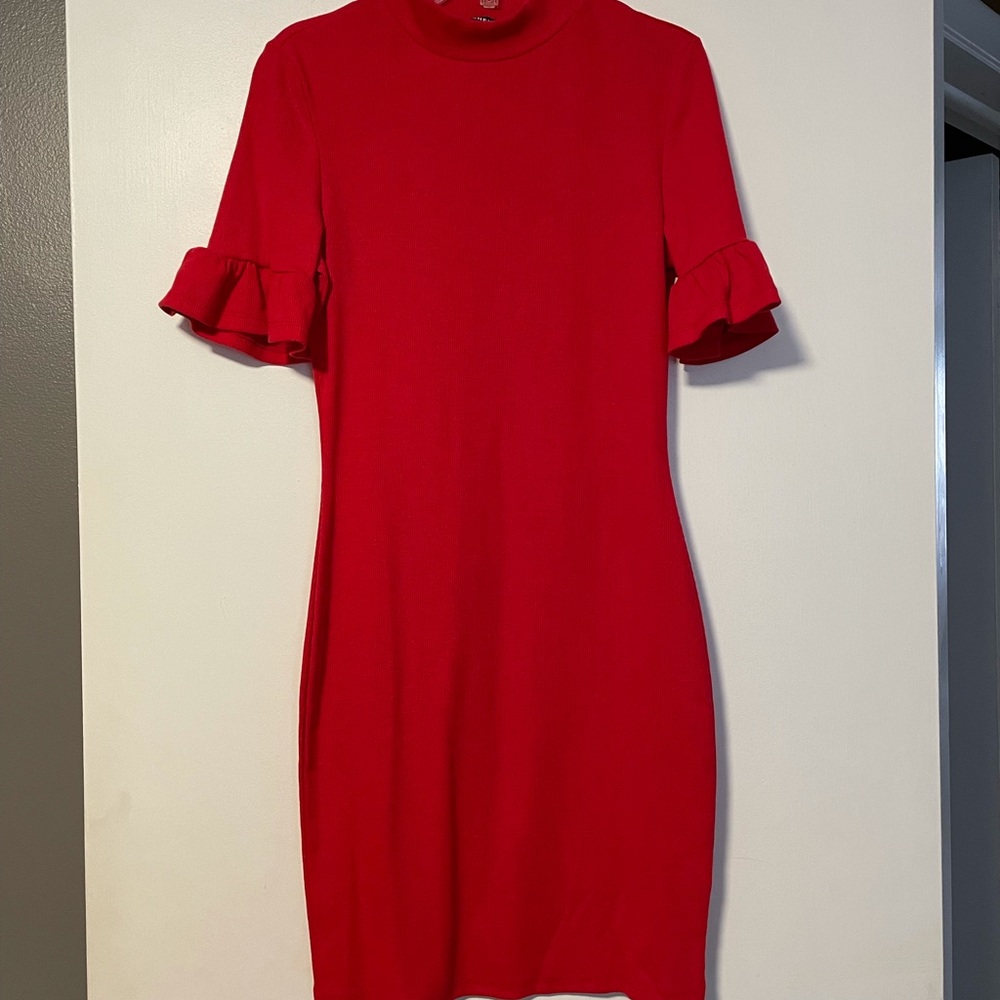 Mock Neck Ruffle Cuff Sleeve Dress